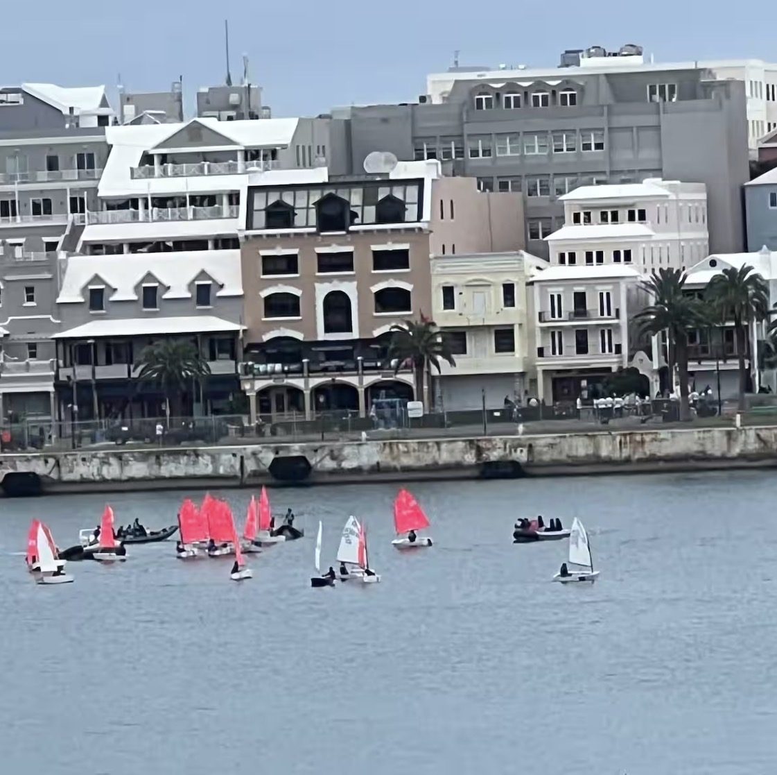 Red and white sailing dinghies racing in front of Hamilton's Front Street